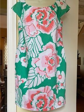 Lilly Pulitzer green pink white & coral floral design fully lined dress Sz XS